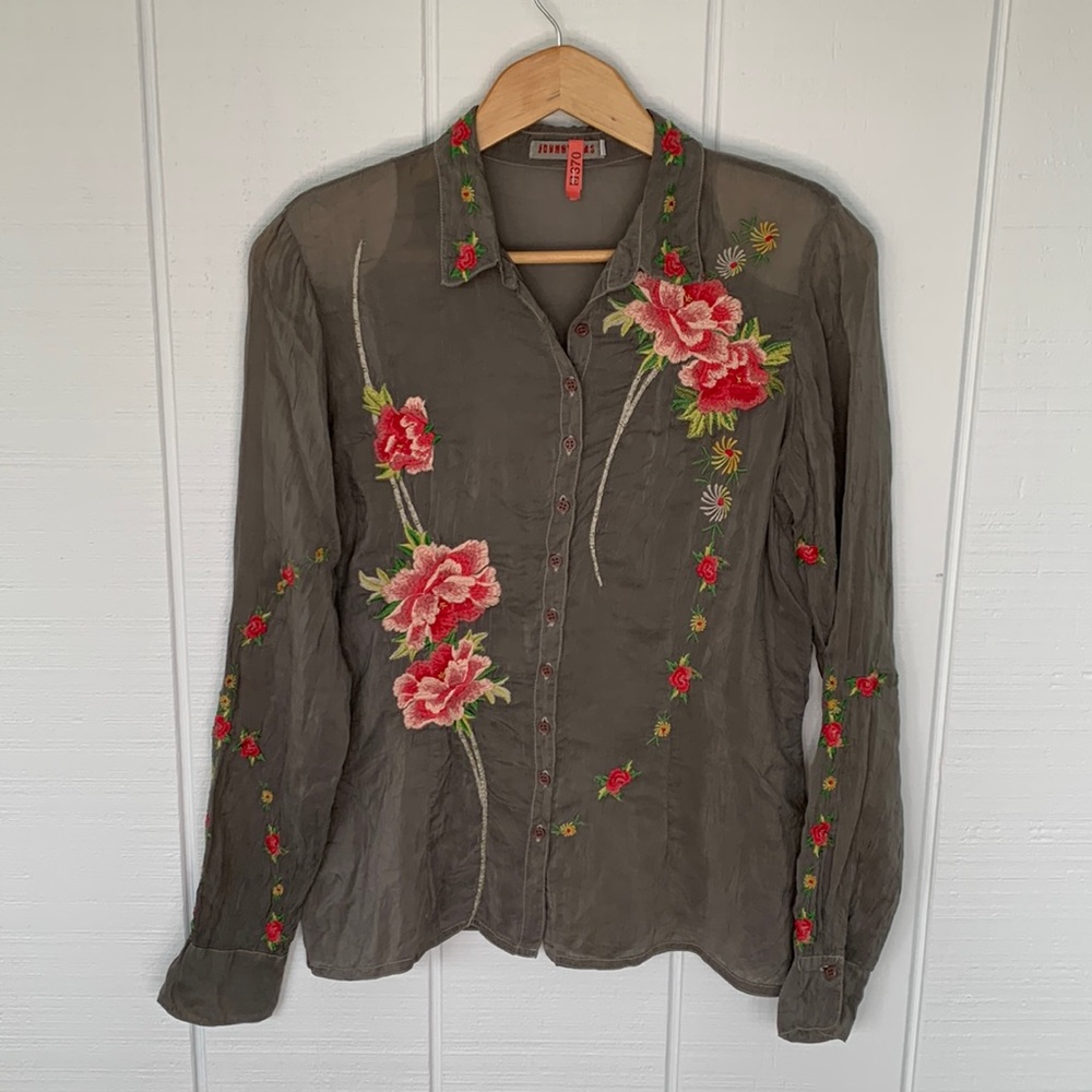 Vintage Sheer Button Front Blouse with Floral Embroidery